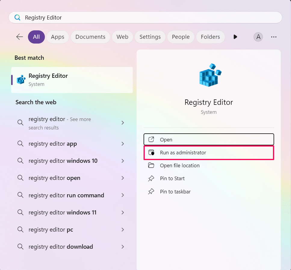 Поиск Редактора реестра и запуск от имени администратора