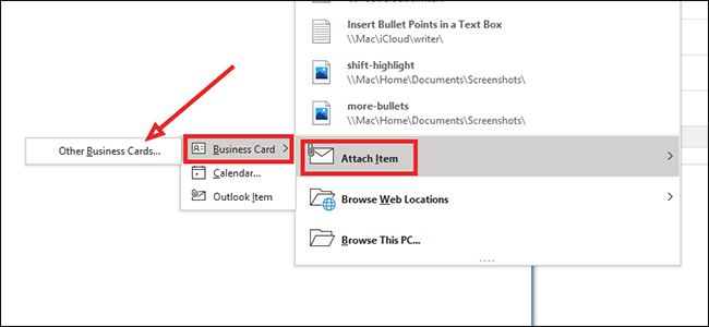 Меню для прикрепления визитной карточки в письме Outlook