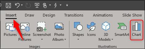 Вставка диаграммы в меню PowerPoint