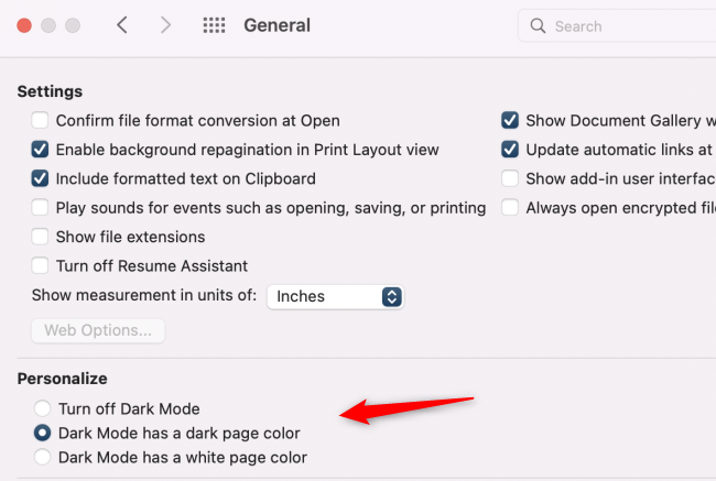 Параметры тёмного режима в настройках 'Personalize' приложения Office на Mac