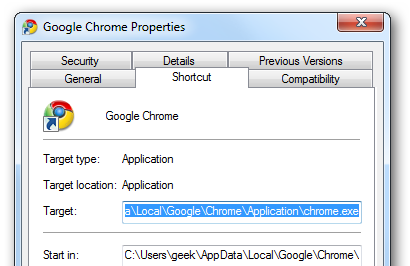Свойства ярлыка Google Chrome с выделенным полем Объект