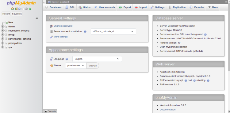 Настройка базы данных для phpMyAdmin