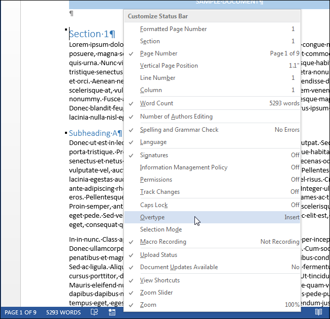 Добавление элементов в строку состояния Word (контекстное меню)