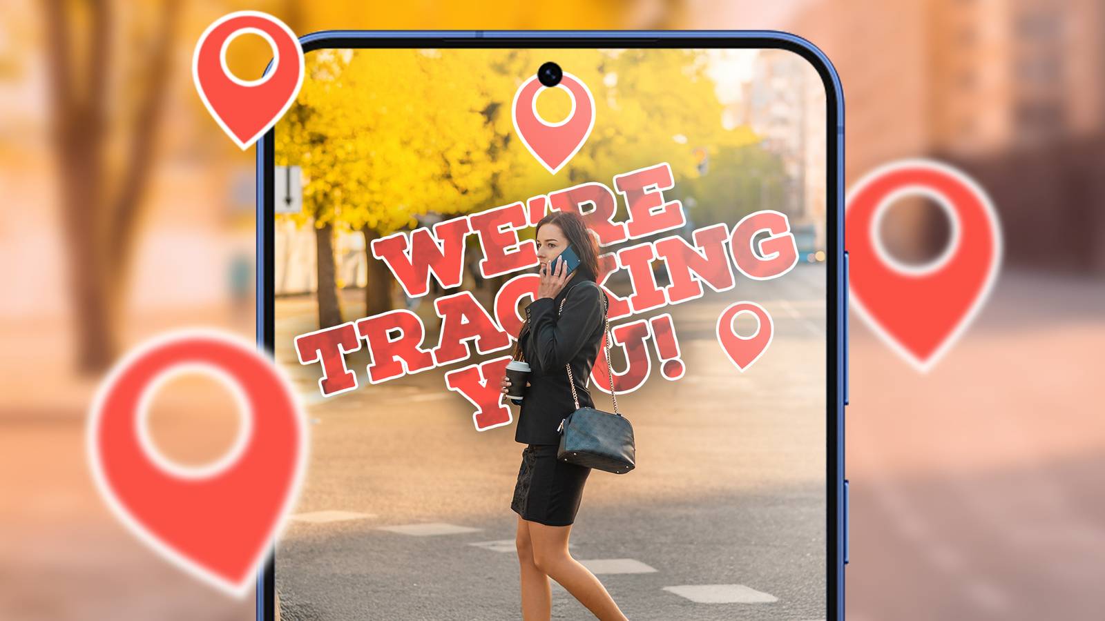 Женщина пользуется телефоном, переходя дорогу; вокруг неё видны маркеры карт и надпись «мы отслеживаем вас».