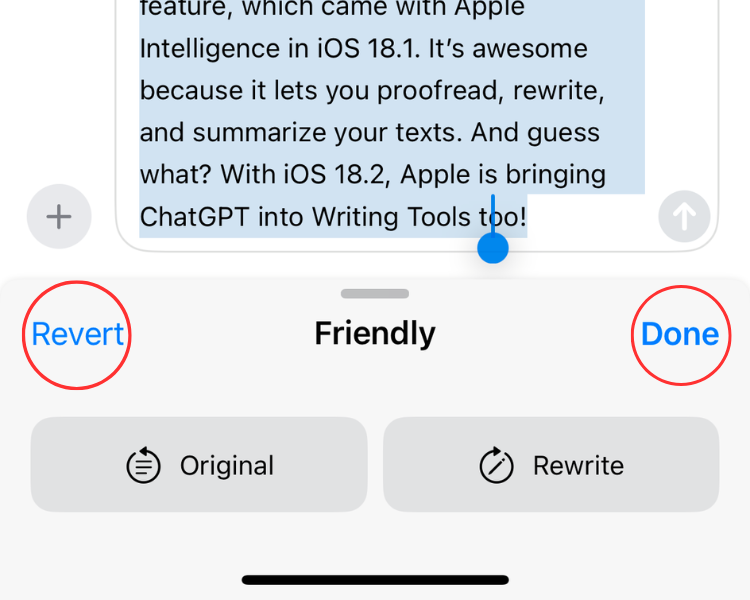 Скриншот переписанного текста и кнопок Original и Done.