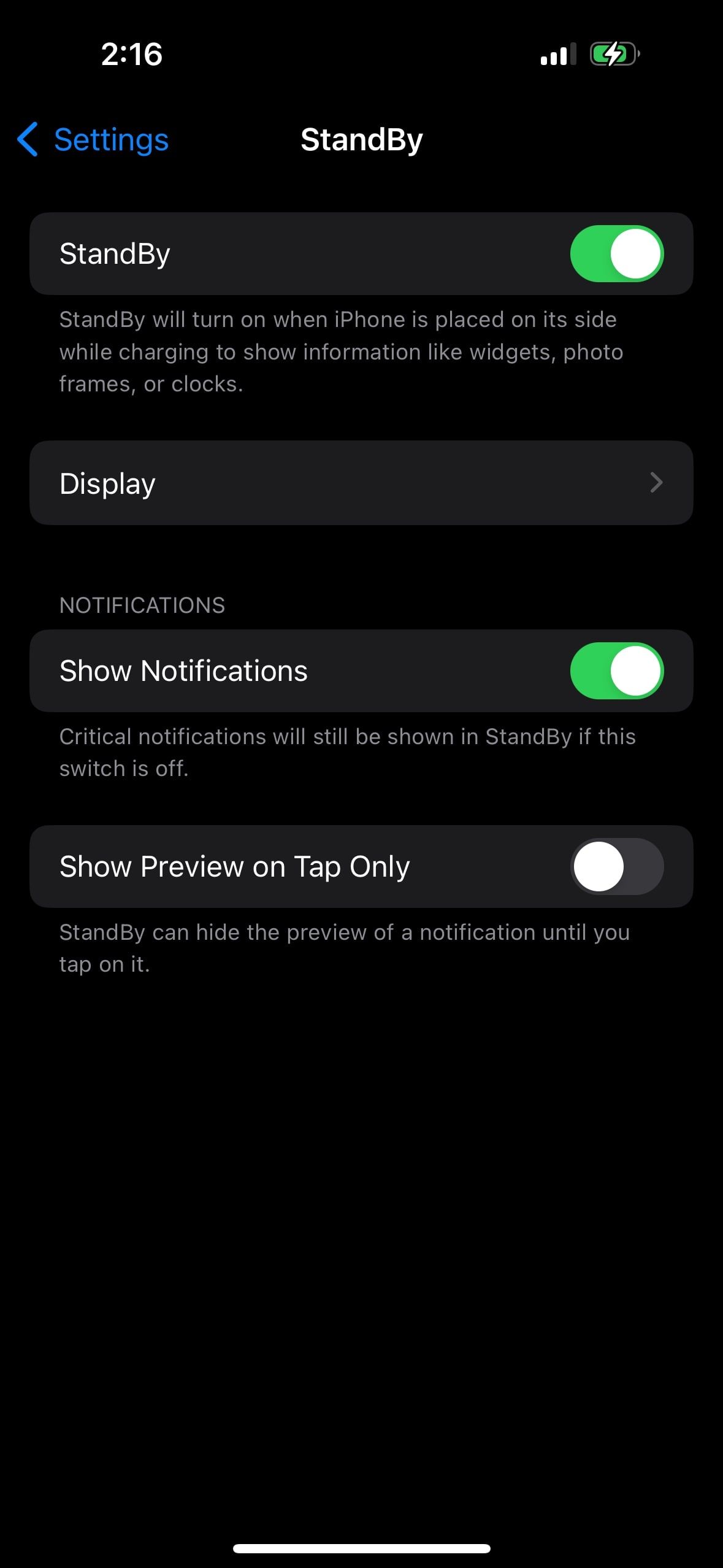 Переключатель Показ уведомлений в настройках StandBy