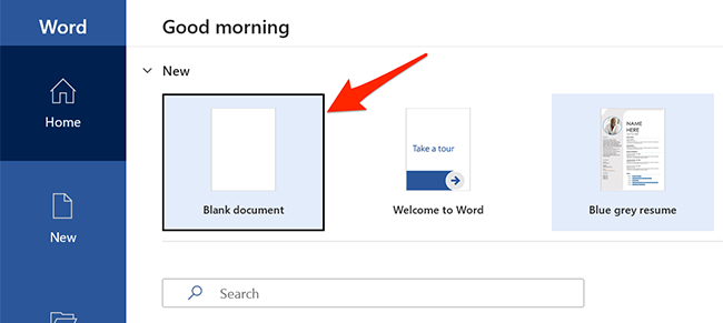 Выберите «Пустой документ» в Microsoft Word