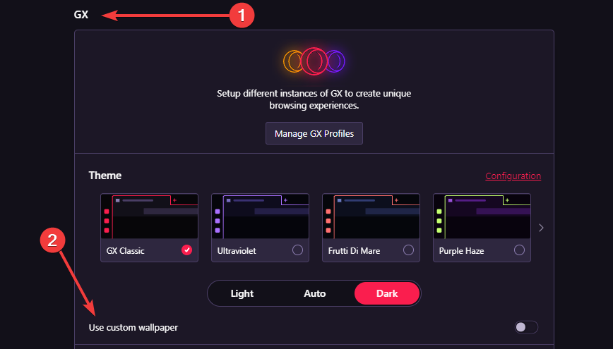 переключатель «Использовать свои обои» в настройках GX