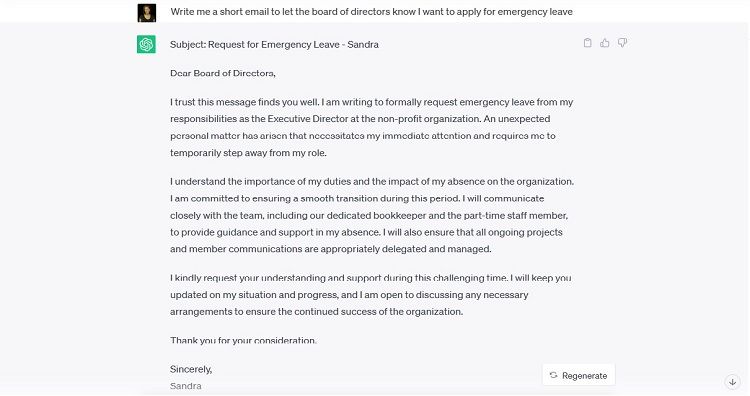 Скриншот запроса на экстренный отпуск, сгенерированного ChatGPT