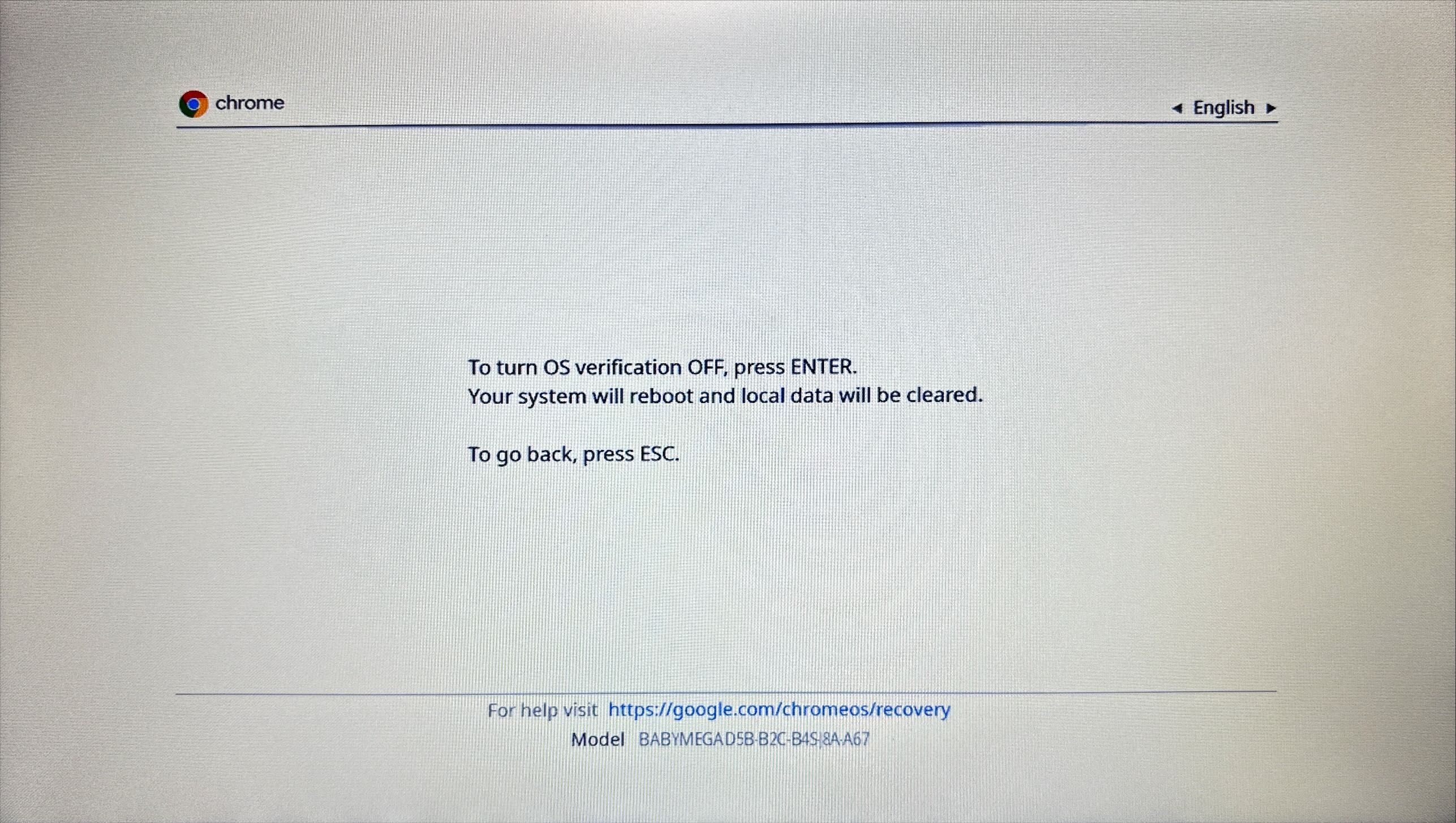 Предупреждение о проверке ОС в режиме восстановления ChromeOS.