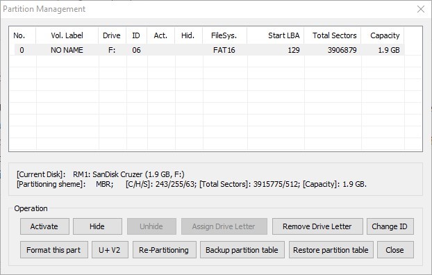 Окно управления разделами Bootice
