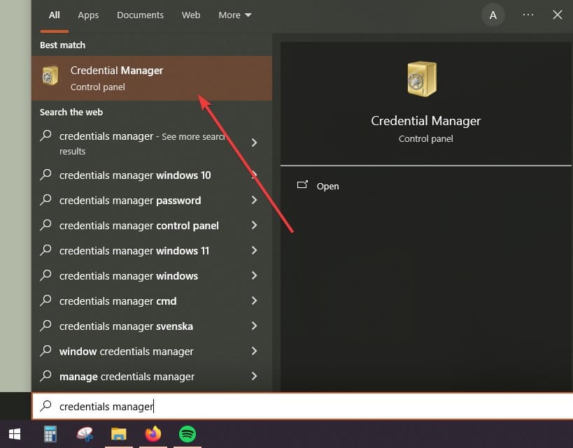 Apertura Gestione credenziali di Windows con voci recenti