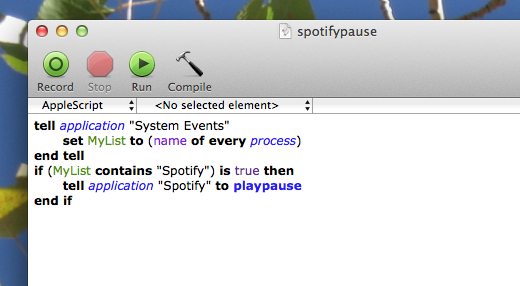 Окно AppleScript Editor с примером скрипта для управления плеером