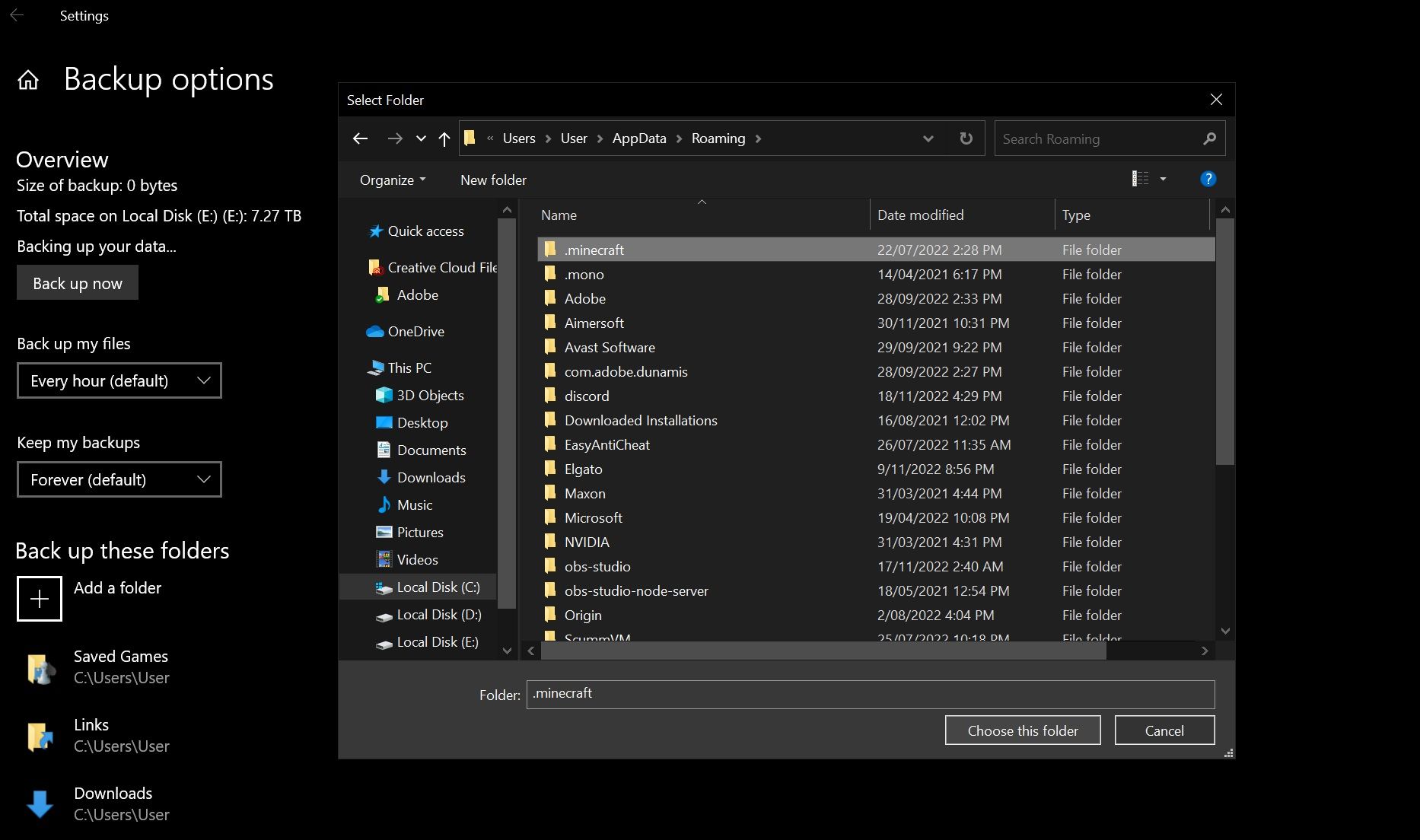 Добавление папки Minecraft в резервное копирование через системные настройки Windows