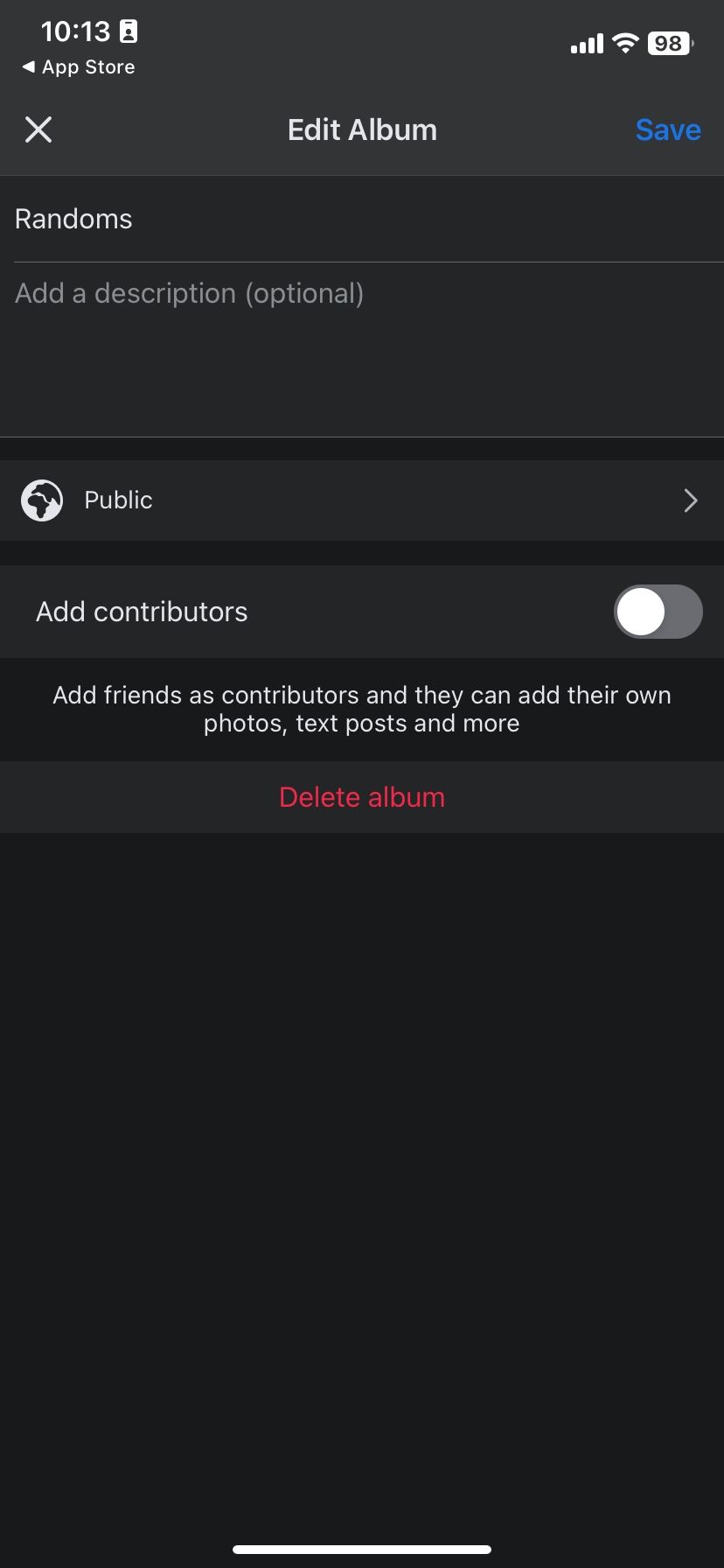 Параметры редактирования альбома в Facebook