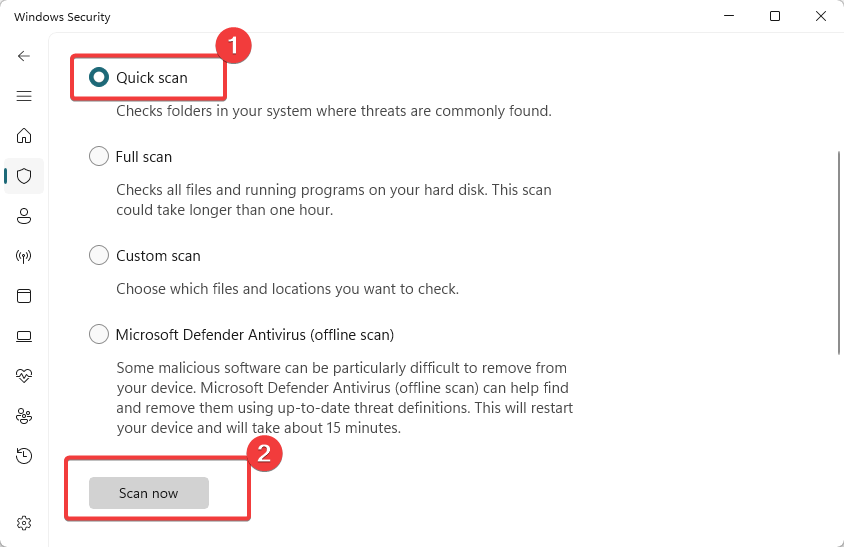 Выбор Полная проверка и кнопка Проверить сейчас в Windows Security