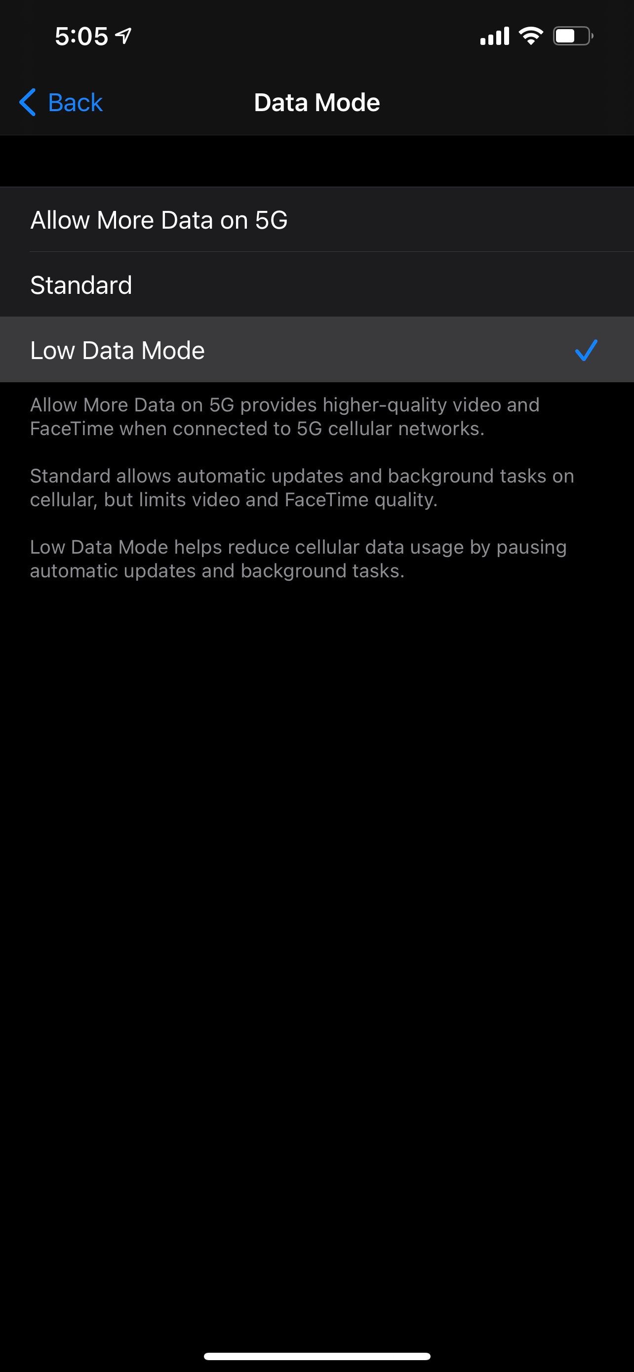 Cellular settings with Low Data Mode active.