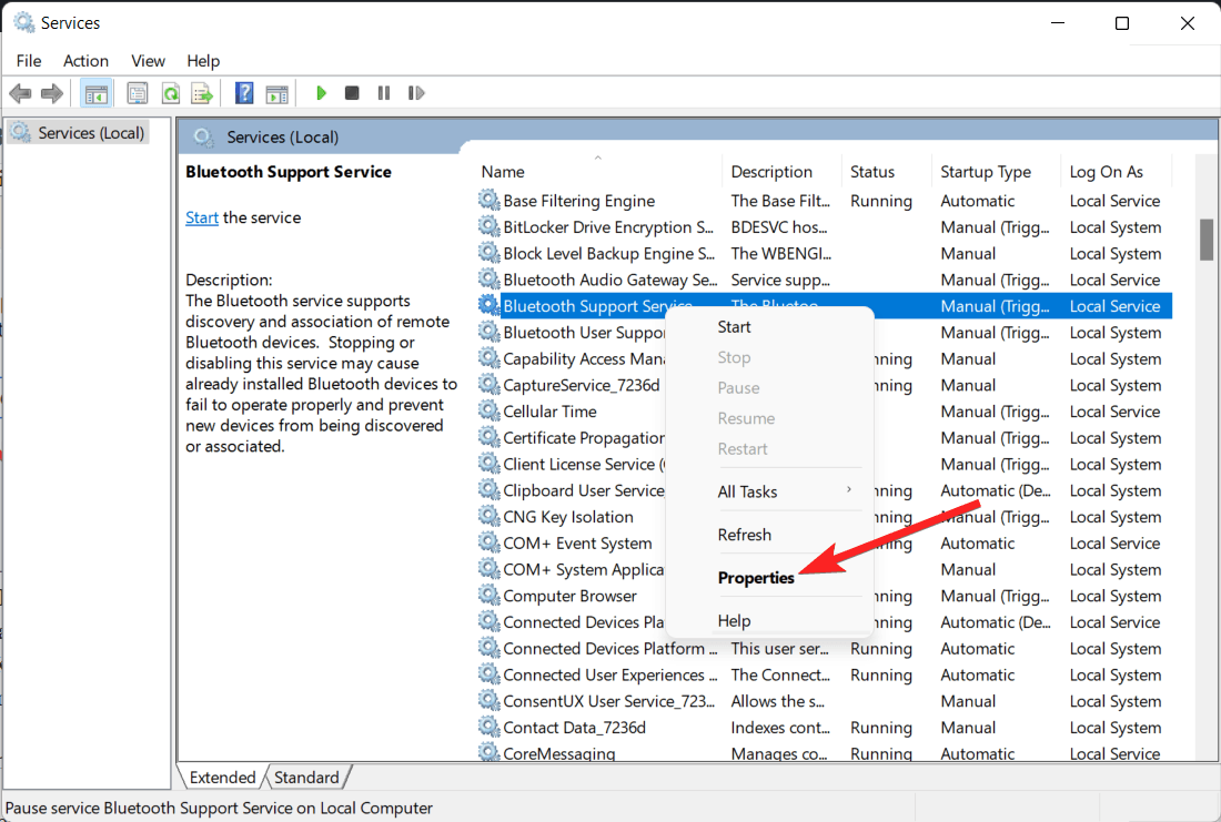 Свойства службы Bluetooth Support Service