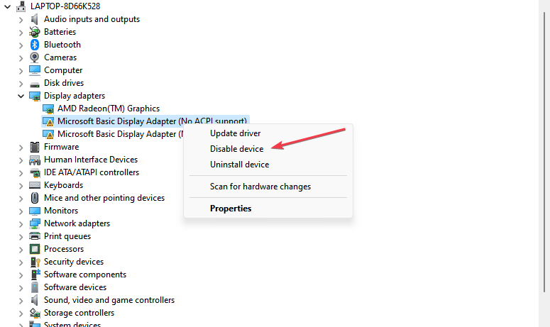 Контекстное меню в Диспетчере устройств с пунктом Отключить устройство