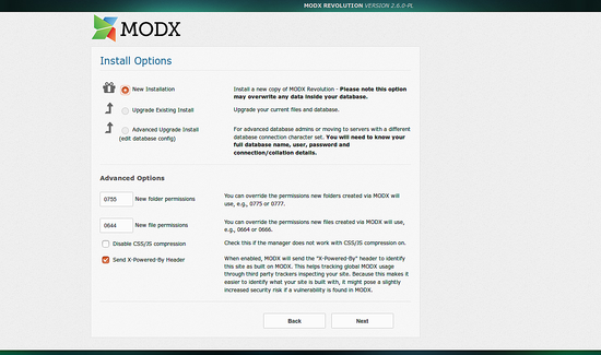 Параметры установки MODX