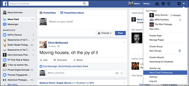 Открытие настроек ленты в веб‑версии Facebook, меню настроек выделено