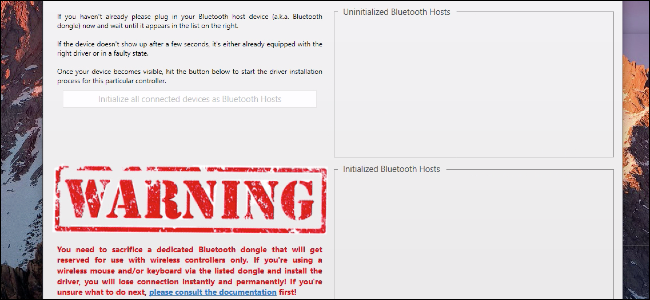Экран настройки Bluetooth в ScpToolkit с предупреждением