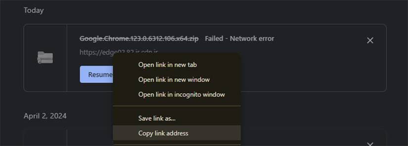 Копирование адреса загрузки в Chrome