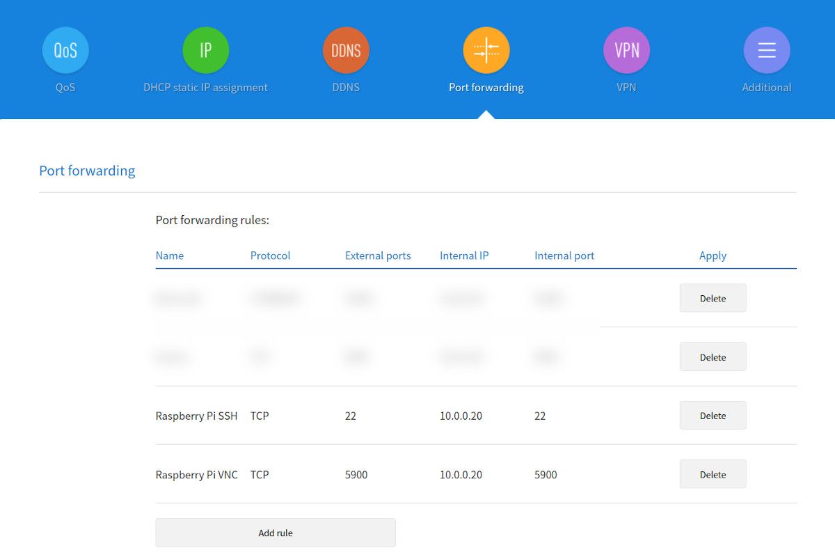 Настройка проброса портов SSH и VNC в меню роутера