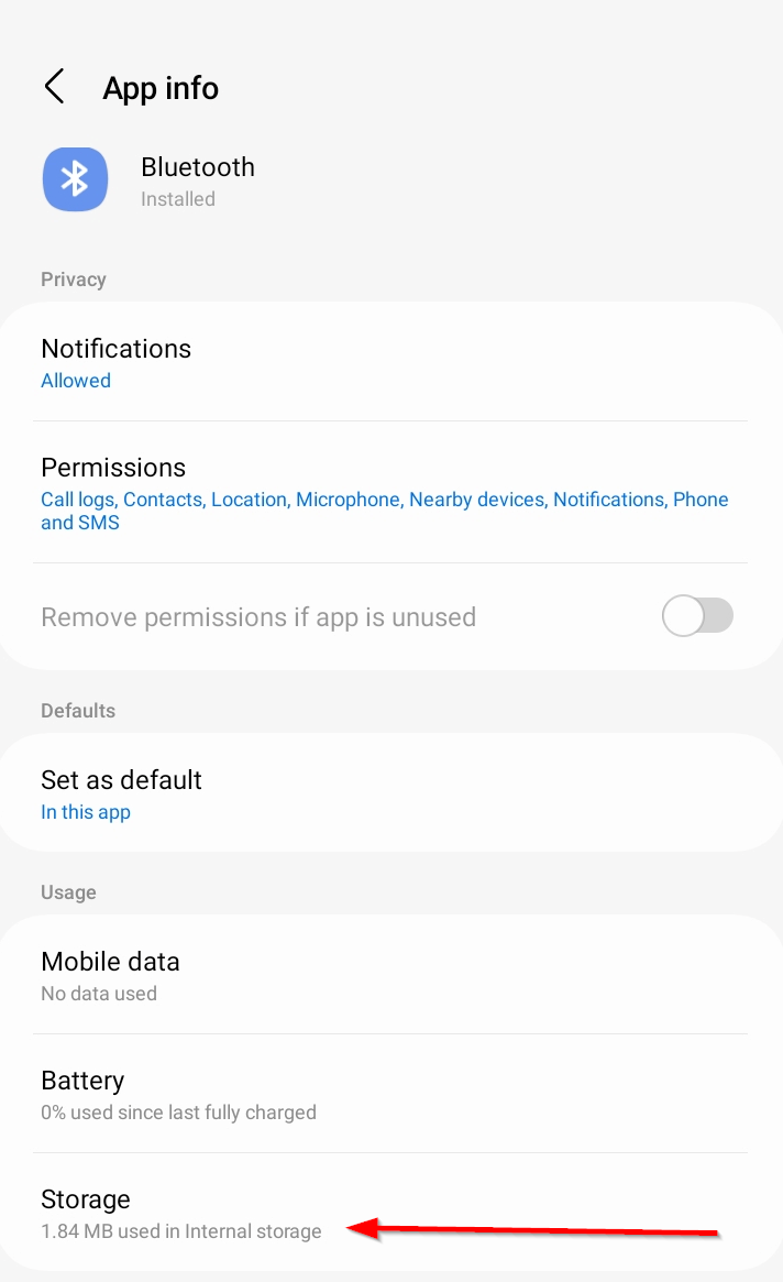 Опция Хранилище на странице приложения Bluetooth