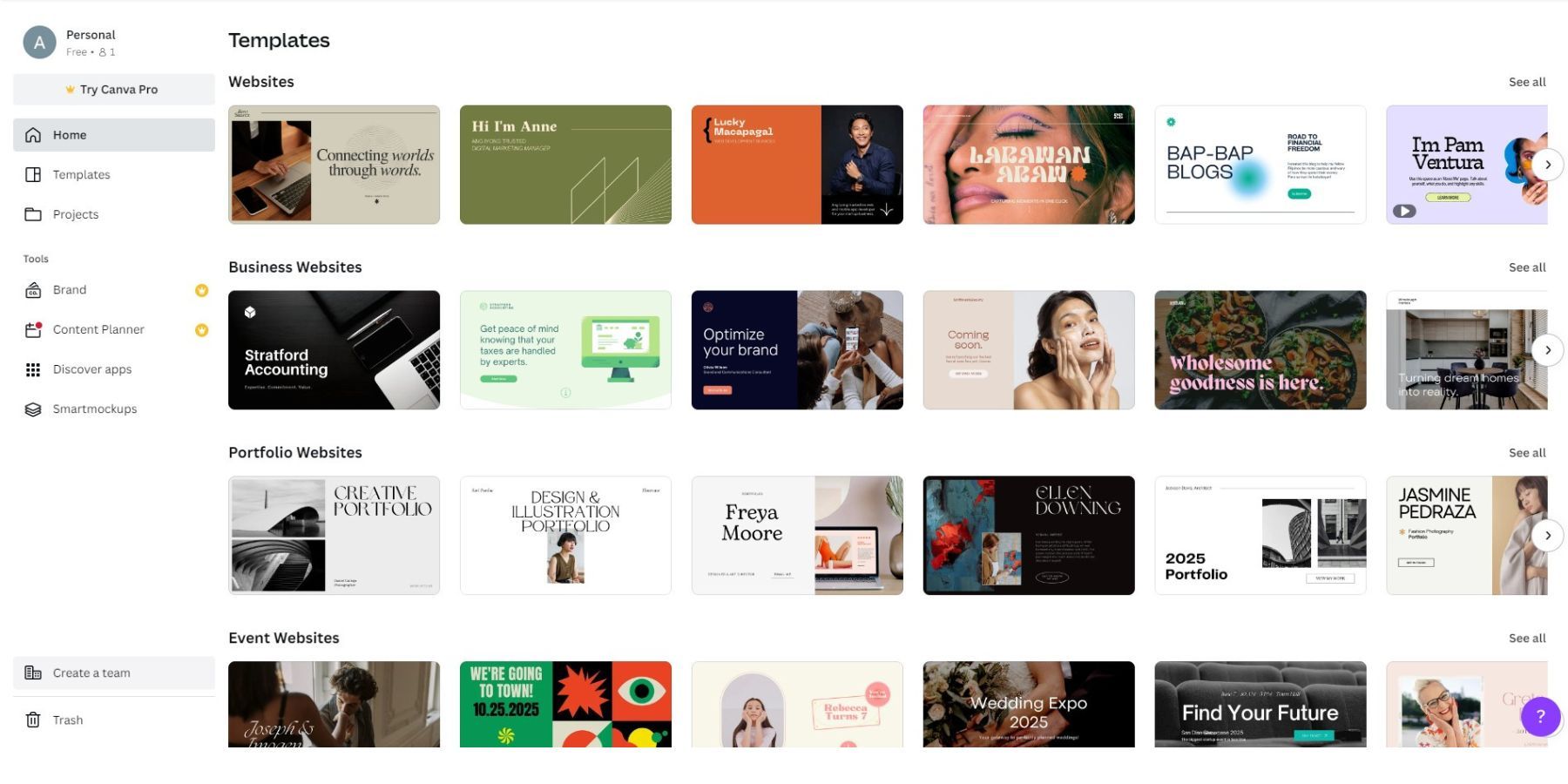 Выбор шаблонов портфолио в Canva