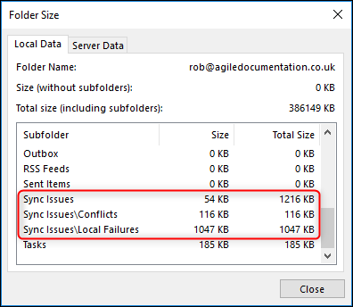 Окно просмотра размера почтового ящика в Outlook