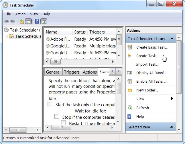 Создание нового задания в Планировщике заданий