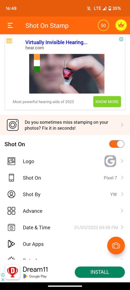 Главный экран Shot On Stamp