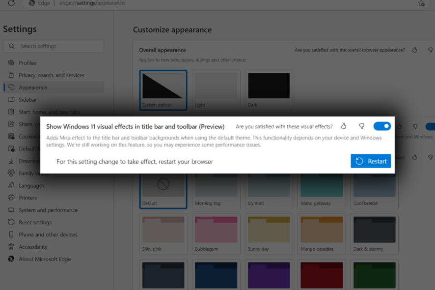 Включить эффект Mica в Microsoft Edge