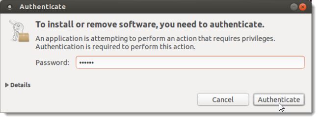 Диалог аутентификации для установки