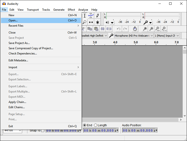 Открытие аудиофайла в Audacity