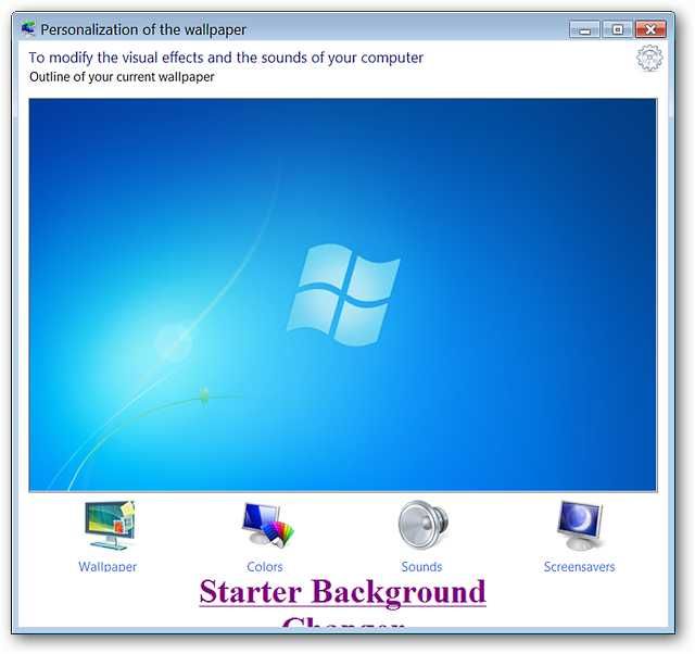 Окно Персонализации: четыре раздела — Обои, Цвета, Звуки, Экранная заставка