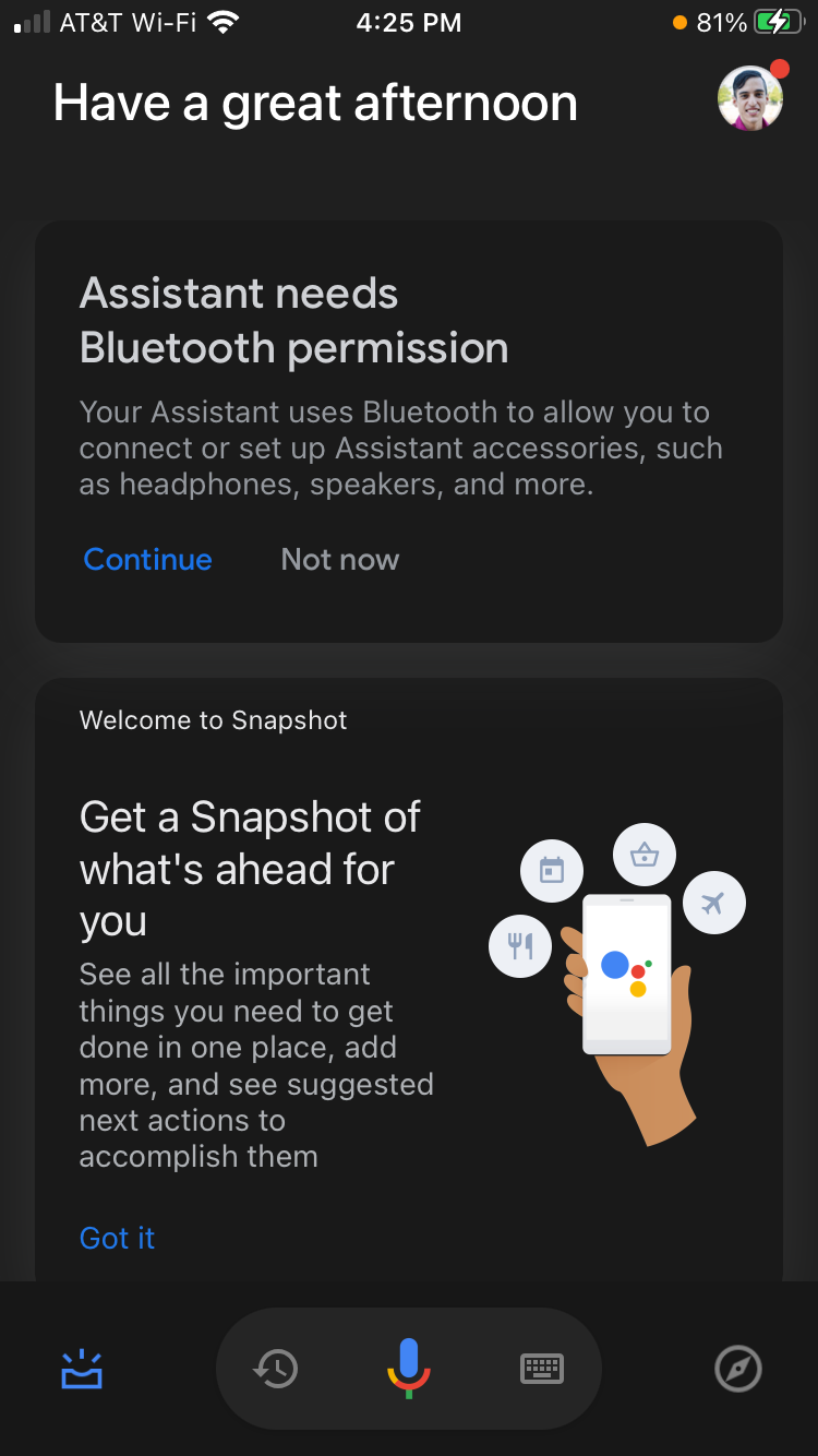 Экран панели приложения Google Assistant