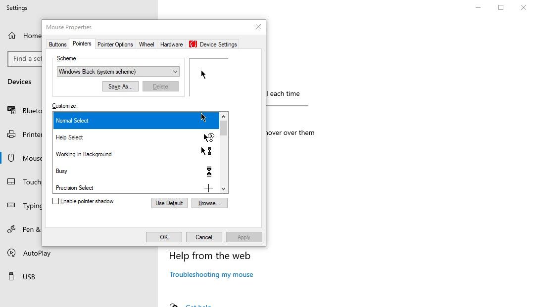 Выбор схемы курсоров в диалоге свойств мыши