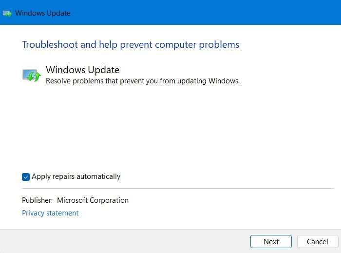 Opción avanzada del solucionador de Windows Update con 