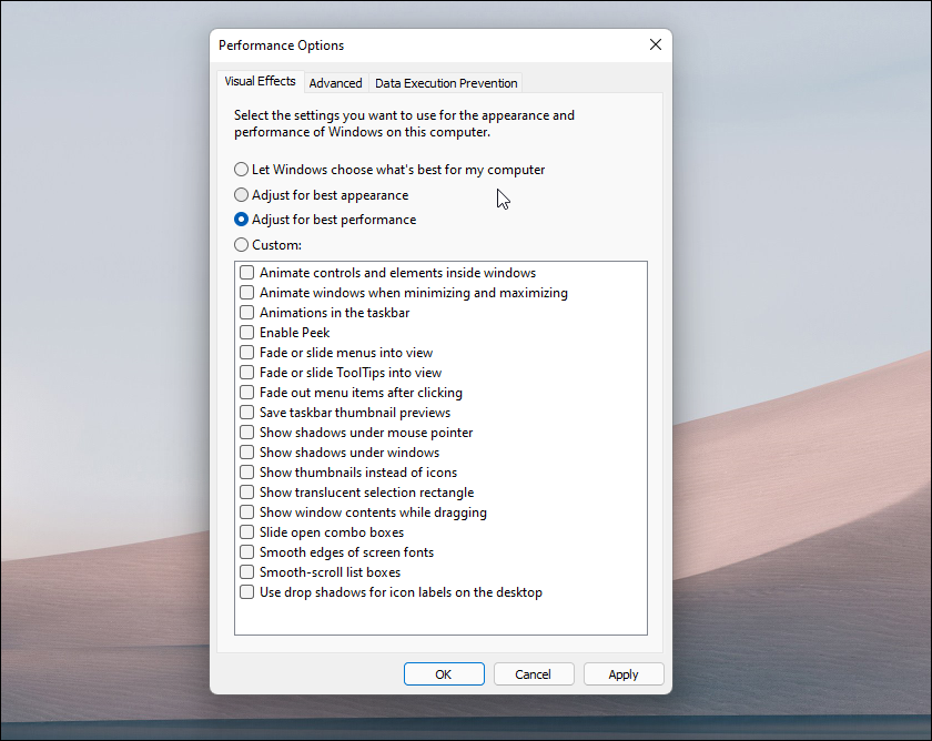 Настройка визуальных эффектов для лучшей производительности