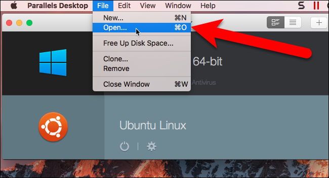 Выбор Open в Parallels Desktop