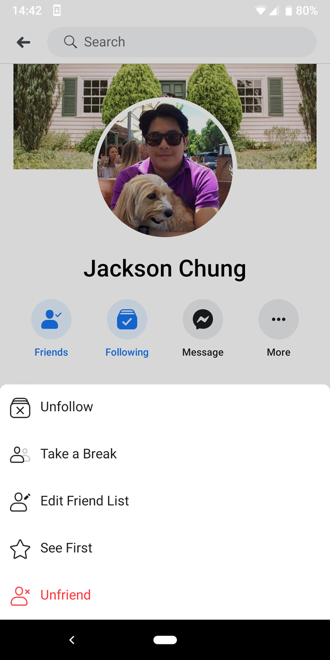 Скриншот меню редактирования списков друзей в приложении Facebook