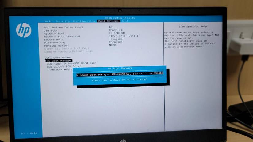 BIOS HP: OS Boot Manager с выбранным клонированным диском