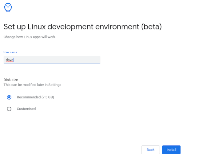 Установка имени пользователя и параметров Linux в ChromeOS