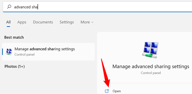 Поиск 'Manage advanced sharing' для открытия дополнительных параметров общего доступа.