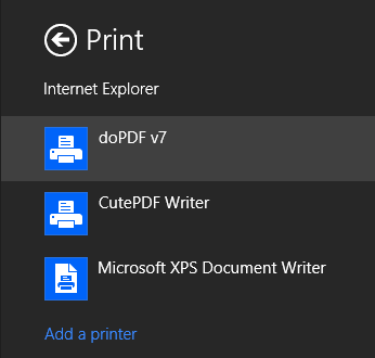 Диалог печати в Windows 8 Modern UI