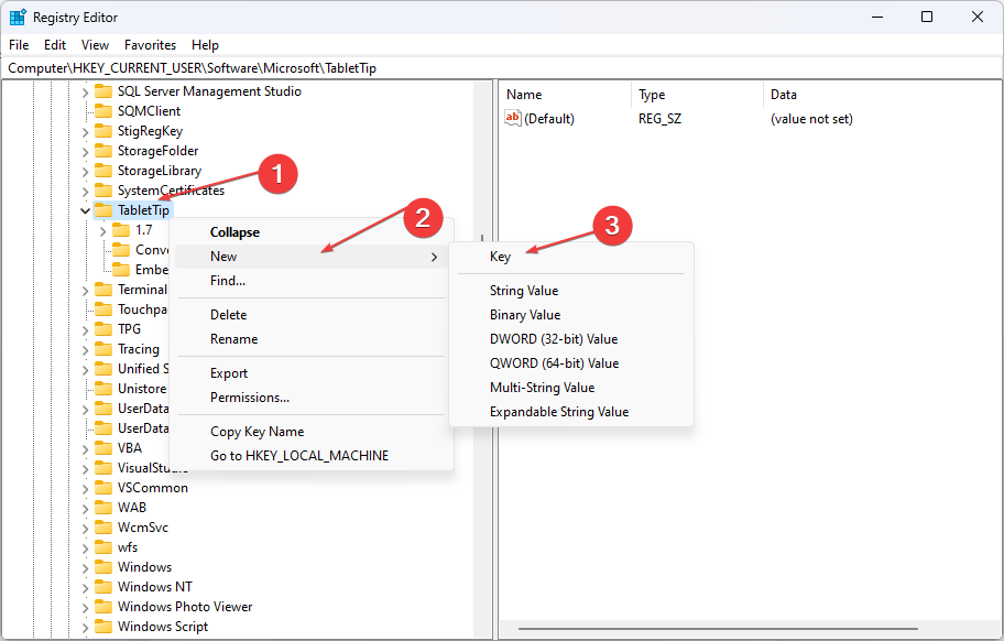 Создание раздела в реестре TabletTip