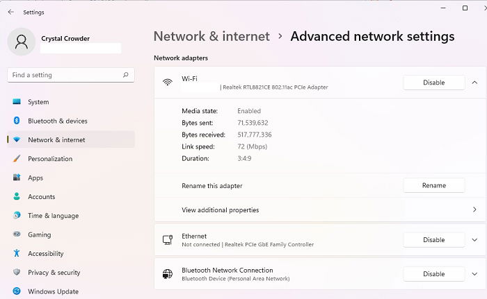 Просмотр сетевых адаптеров через раздел «Дополнительные параметры сети». 