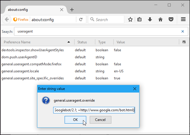 Пример созданного параметра general.useragent.override в about:config